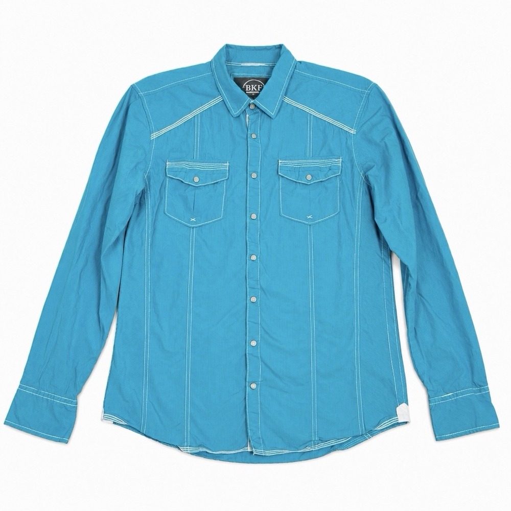 BKE Buckle Athletic Fit  Turquoise Western Pearl Snap Shirt Men L White Stitch